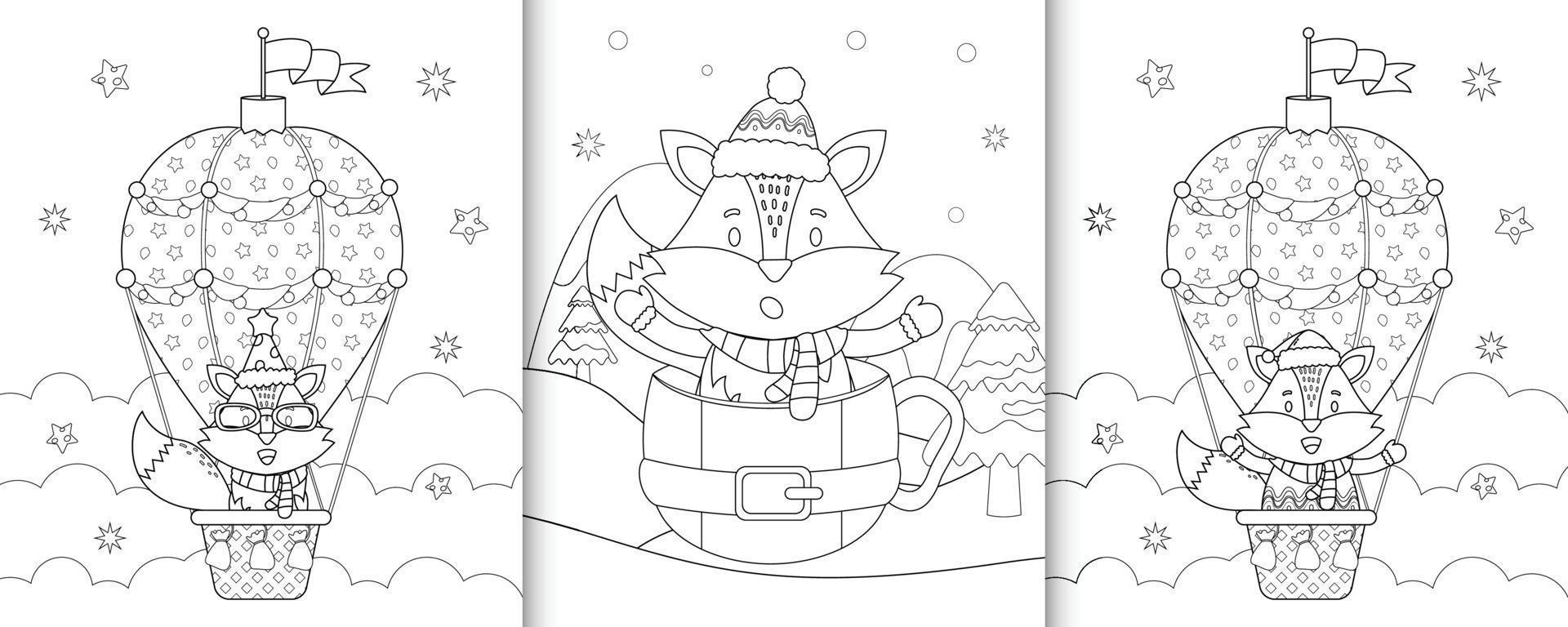 coloring book with cute fox christmas characters vector