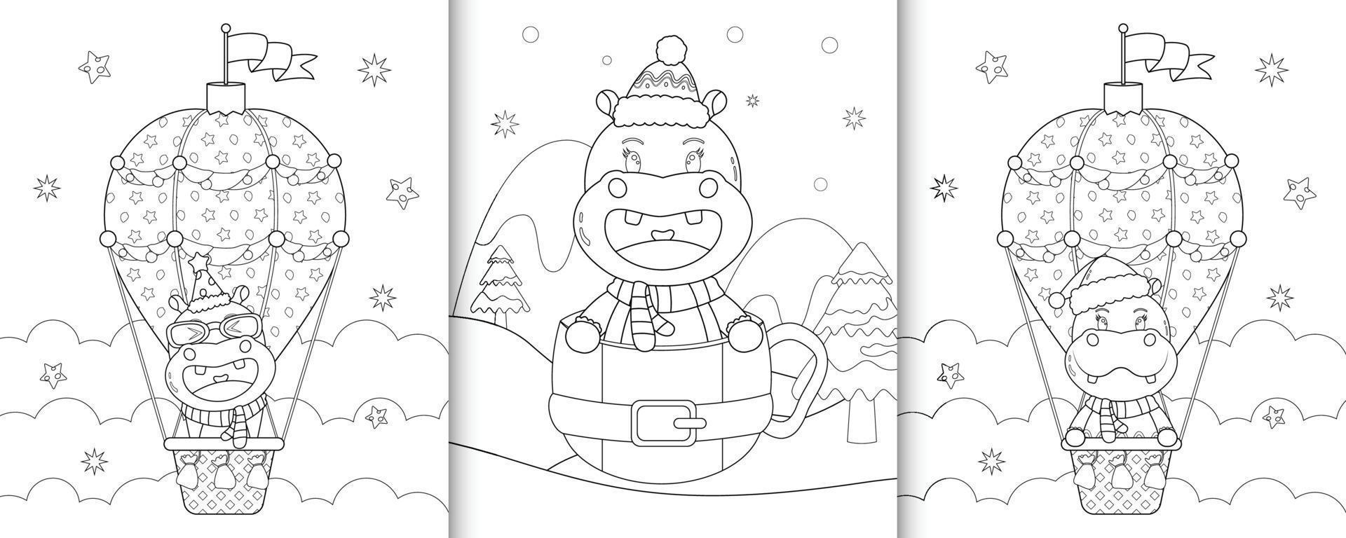 coloring book with cute hippo christmas characters vector