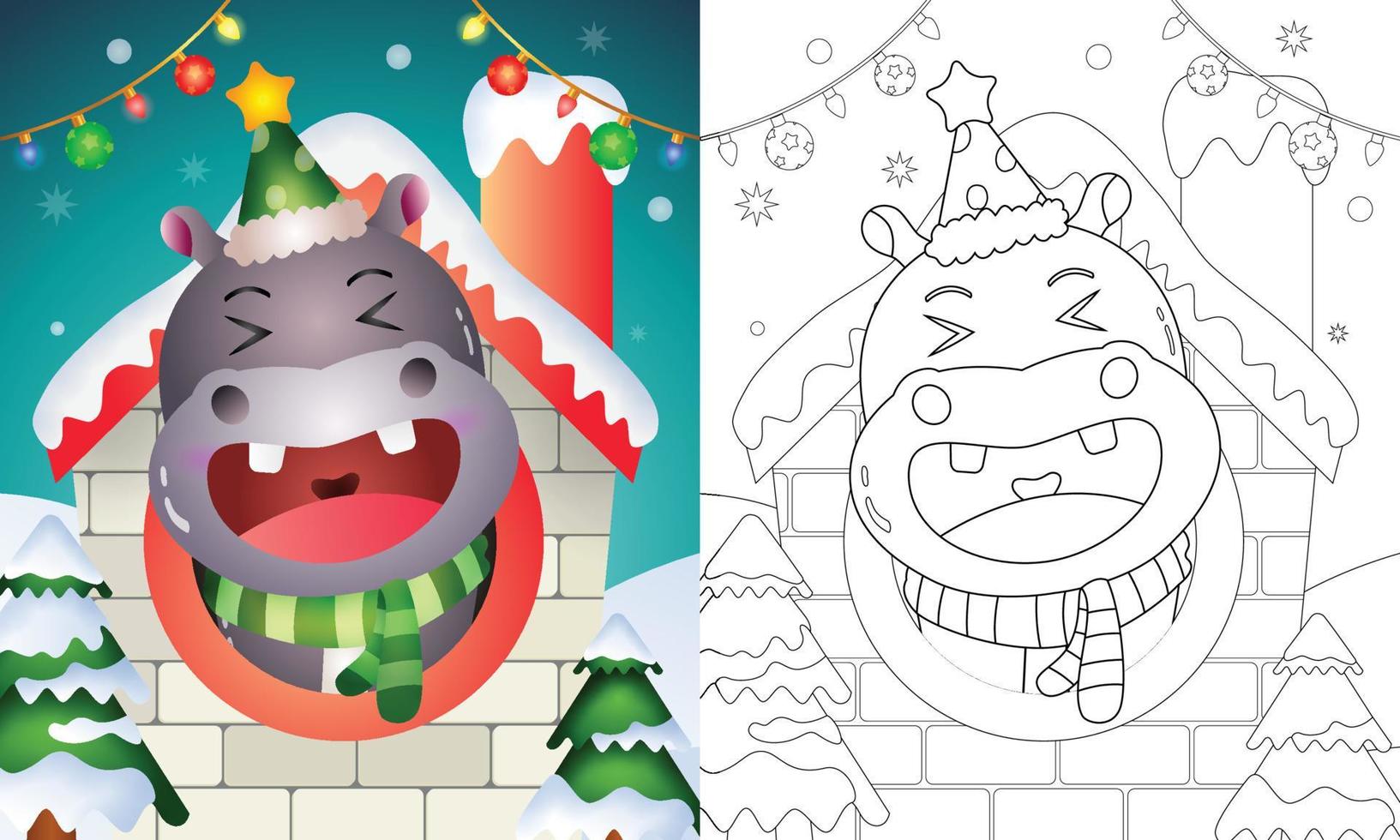 coloring book with a cute hippo christmas characters using hat and scarf inside the house vector
