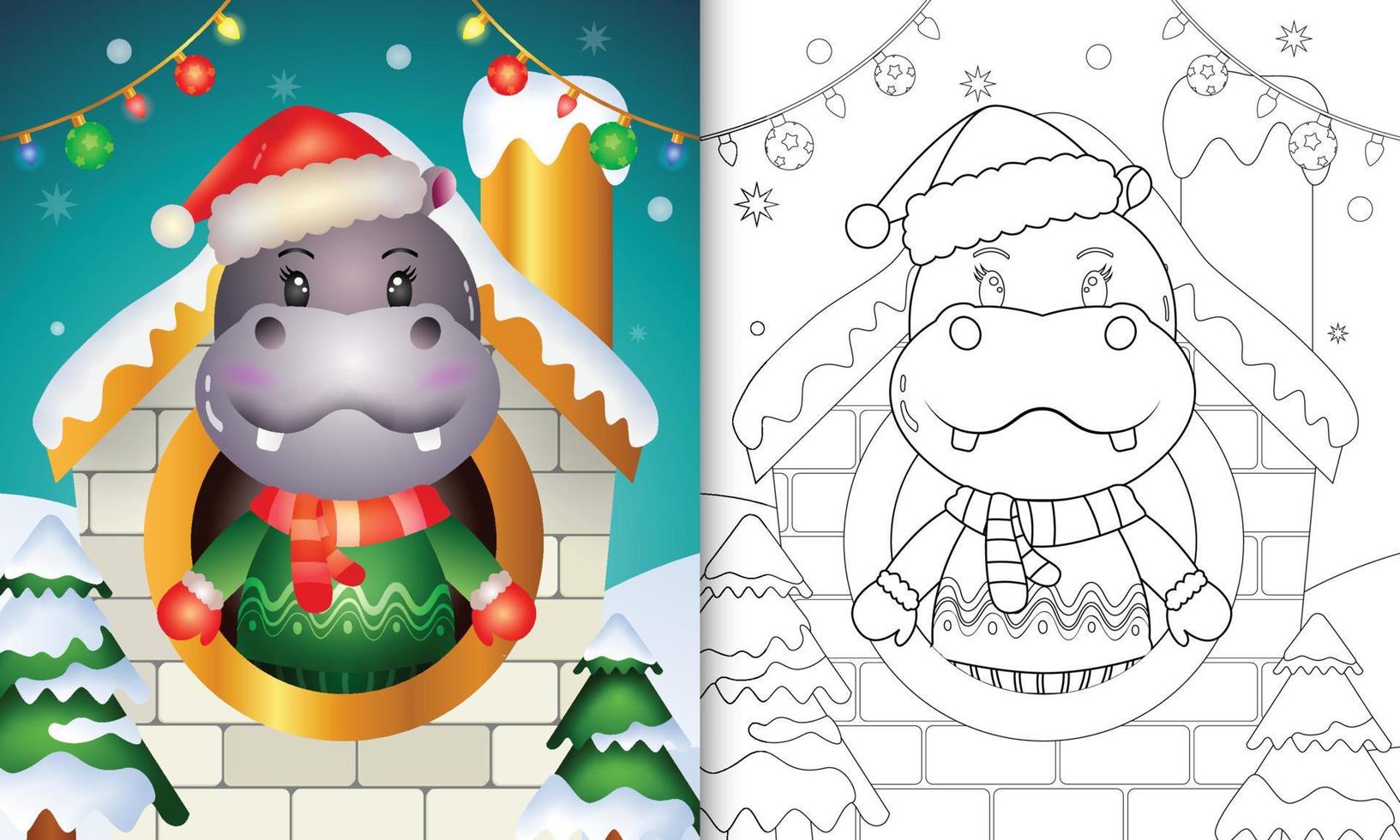 libro para colorear con un lindo hipopótamo personajes navideños usando gorro de Papá Noel y bufanda dentro de la casa vector