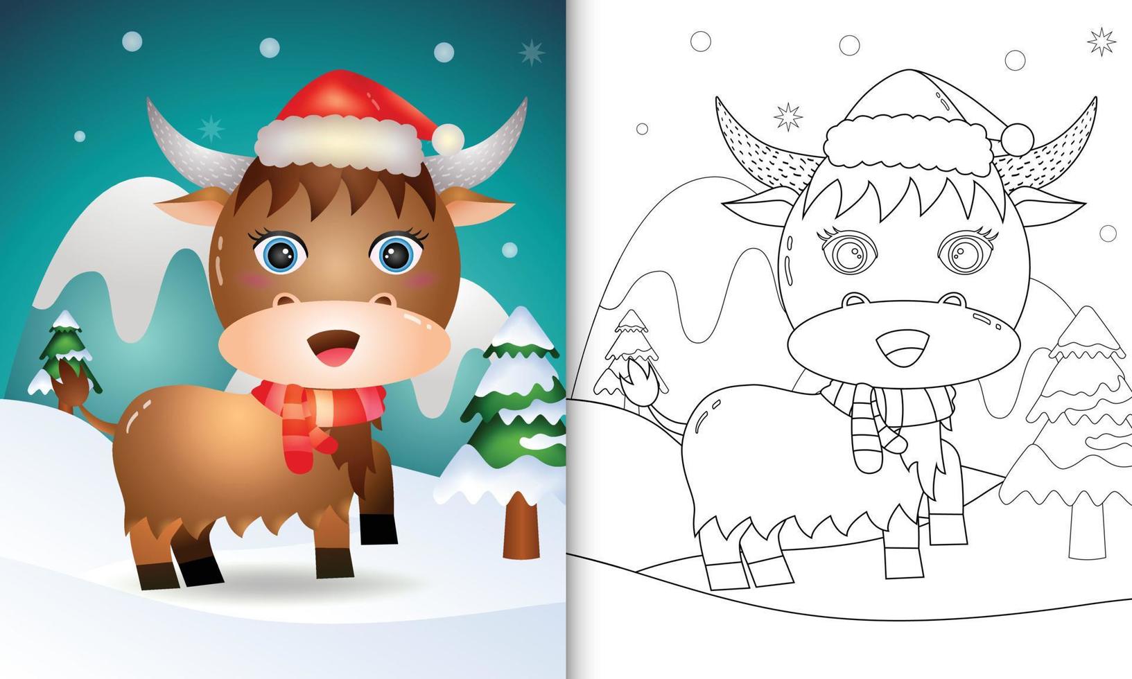 coloring book with a cute buffalo christmas characters with a santa hat and scarf vector