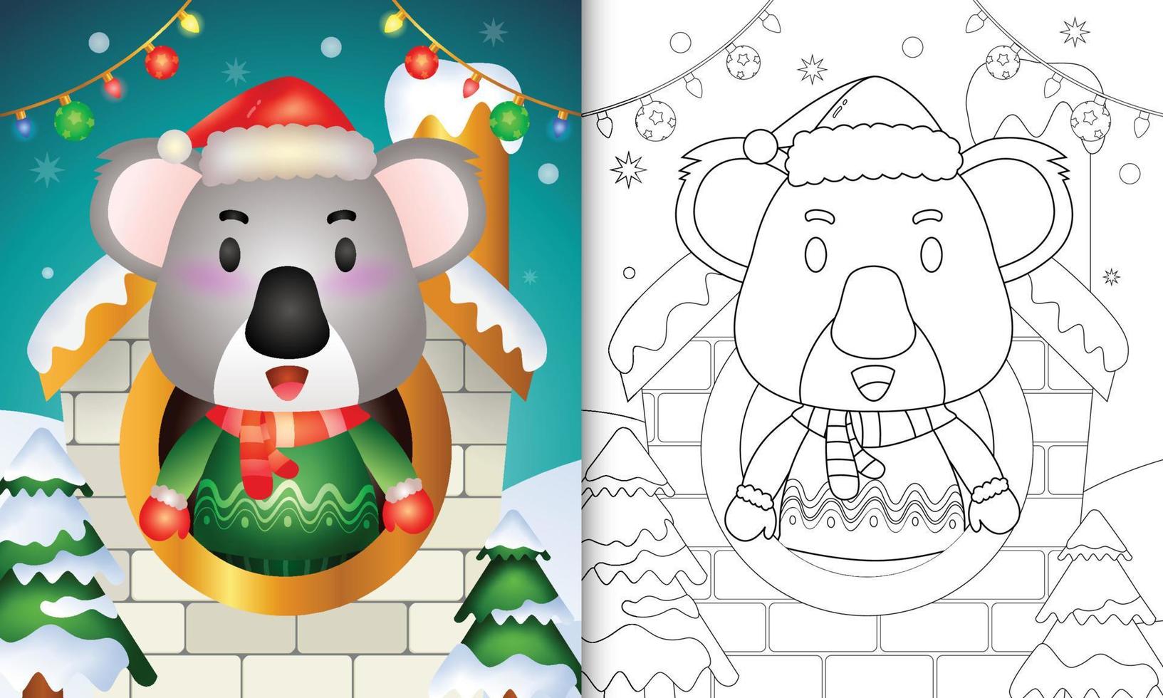 libro para colorear con un lindo koala personajes navideños usando gorro de Papá Noel y bufanda dentro de la casa vector