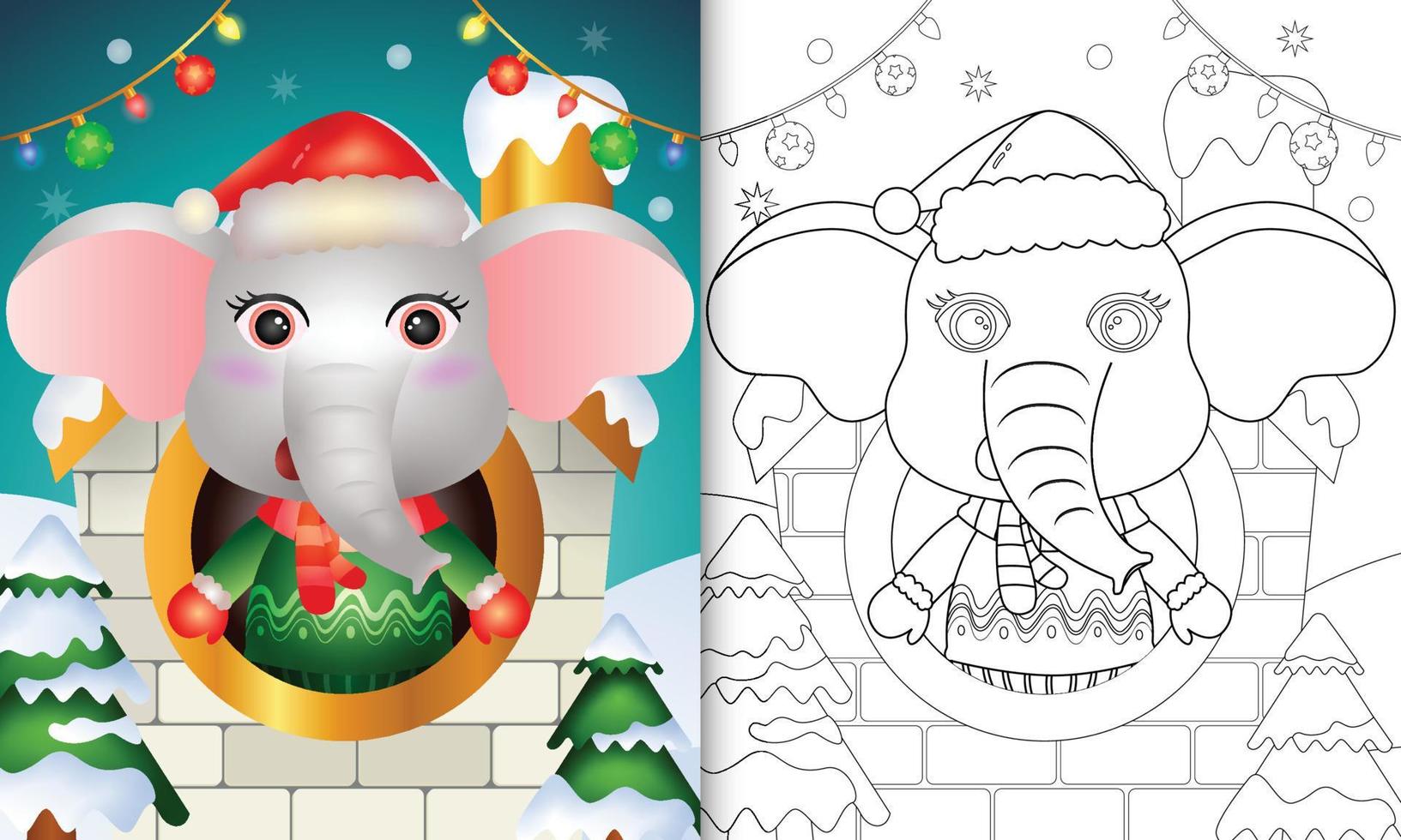 libro para colorear con un lindo elefante personajes navideños usando gorro de Papá Noel y bufanda dentro de la casa vector