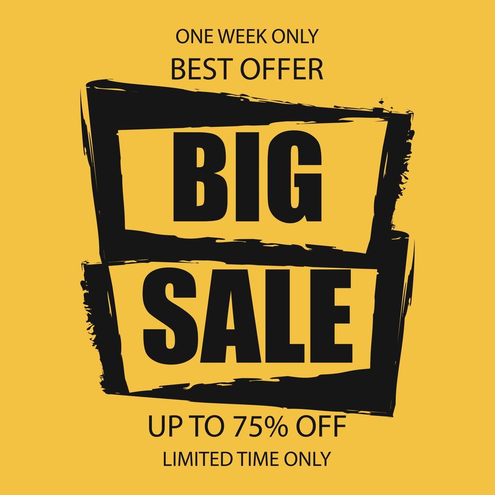 Big sale promotion banner or poster with best offer or limited special discount for sell-out season. Flat vector illustration in black-yellow colors of advertisement leaflet for web or mobile app.