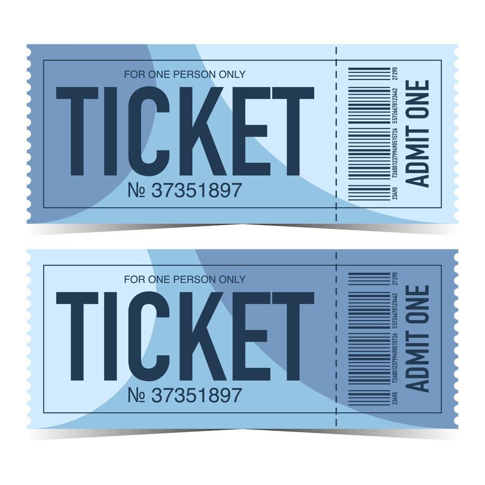 Modern ticket template in blue and cyan colours with tear-off or detachable part and barcode. Flat vector illustration of pass for event, entrance for festival, access to party, show or concert.