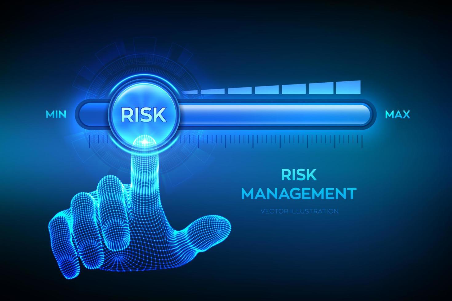 Risk levels knob button. Wireframe hand is pulling to the minimum position risk progress bar. Risk management business concept. Vector illustration.