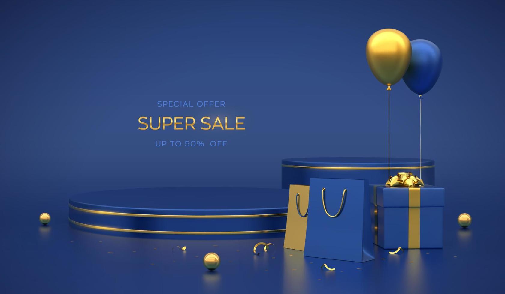 Blue round and cube podium. Scene, 3D platform with gold circle on blue background. Blank advertising pedestal with gift box, shopping bags and festive helium balloons. Vector illustration.