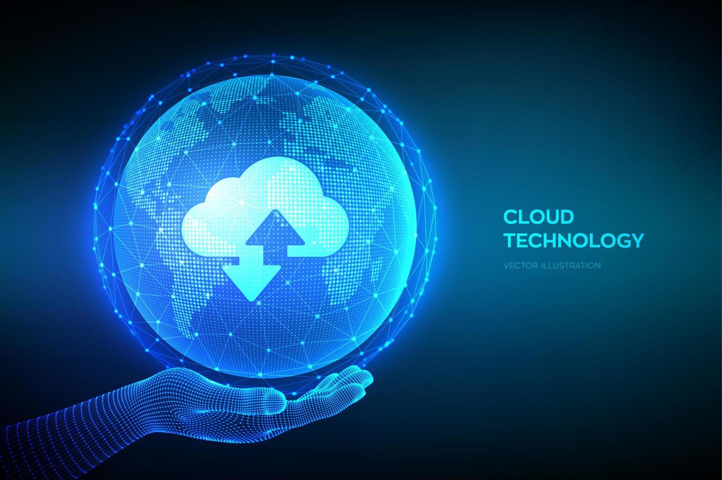 concepto abstracto de tecnología de datos en la nube. icono de almacenamiento en la nube con dos flechas hacia arriba y hacia abajo en el fondo del mapa mundial. servicio de computación en la nube. globo terráqueo en mano de estructura metálica. ilustración vectorial vector