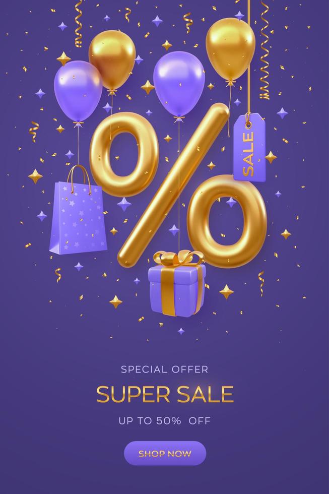 Sale banner design on purple background. Realistic gold 3D Percentage symbol with shopping bag, price tag, gift box with golden bow, fly helium balloons and glitter confetti. Vector illustration.