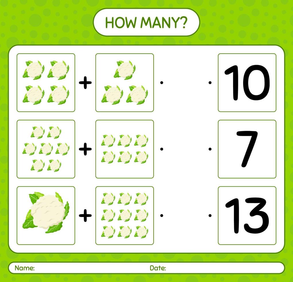 How many counting game with cauliflower. worksheet for preschool kids, kids activity sheet, printable worksheet vector