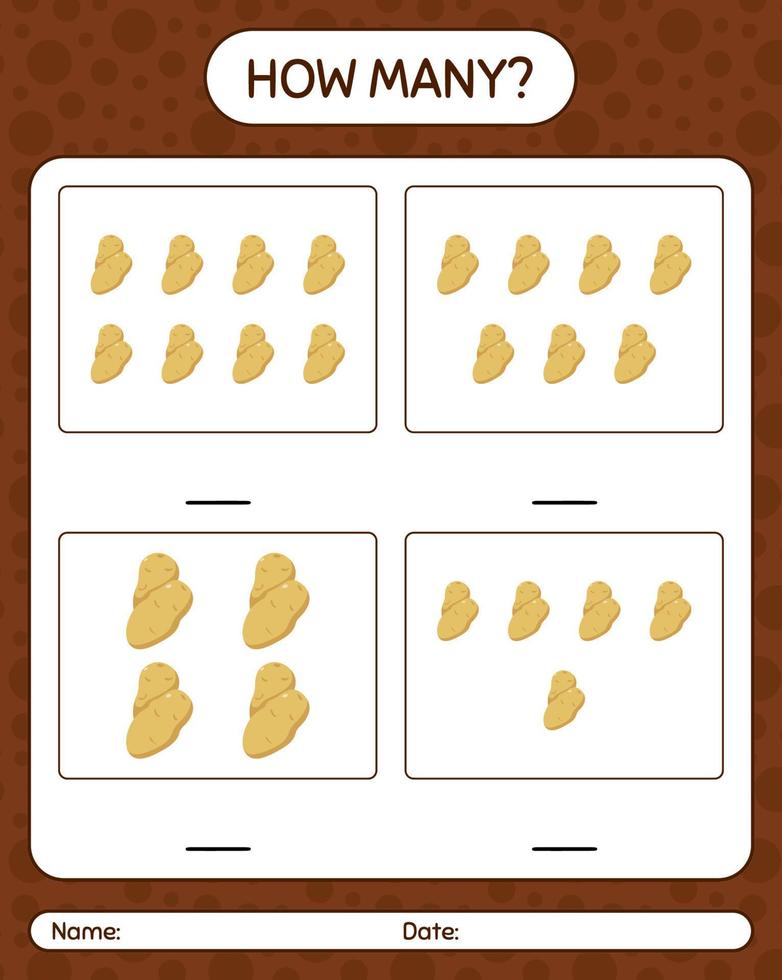 How many counting game with potato. worksheet for preschool kids, kids activity sheet, printable worksheet vector