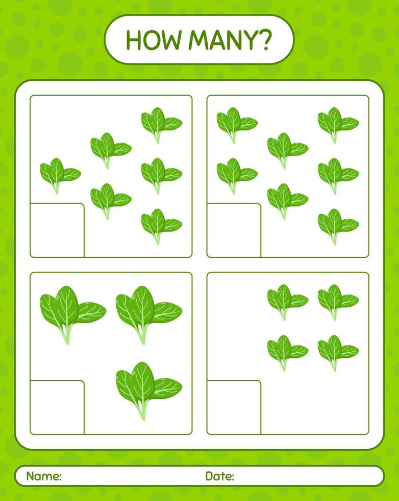 How many counting game with spinach. worksheet for preschool kids, kids activity sheet, printable worksheet vector