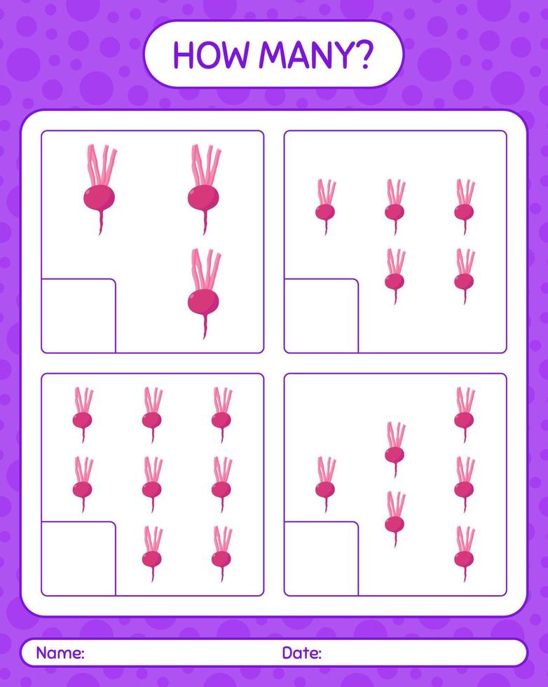 How many counting game with turnip. worksheet for preschool kids, kids activity sheet, printable worksheet vector