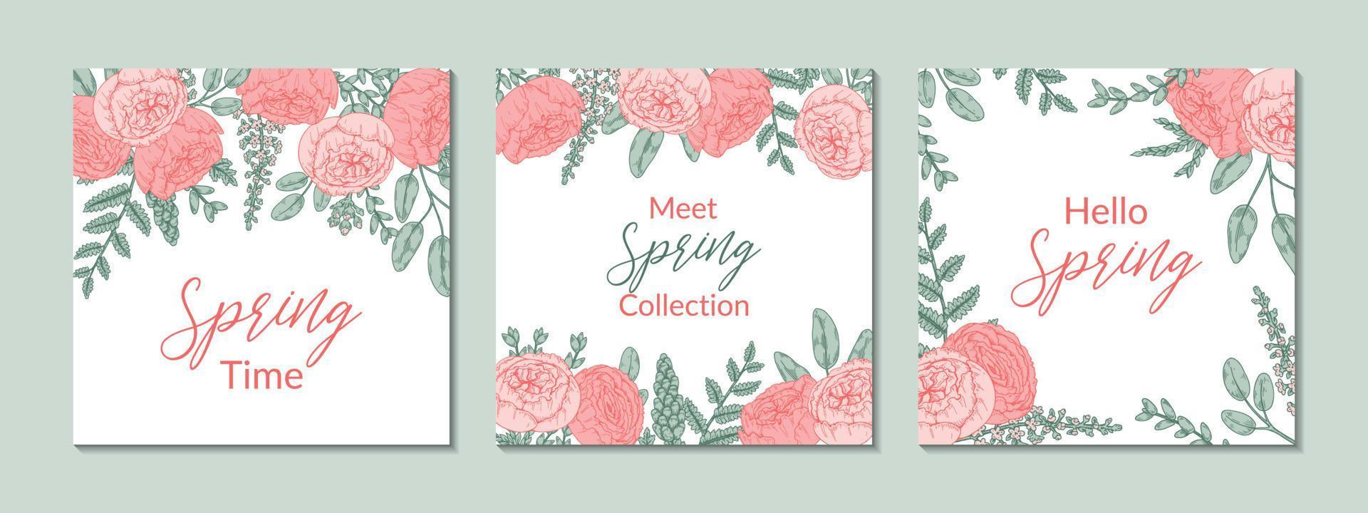 Set of gentle spring designs with floral elements. Hand drawn vector illustration