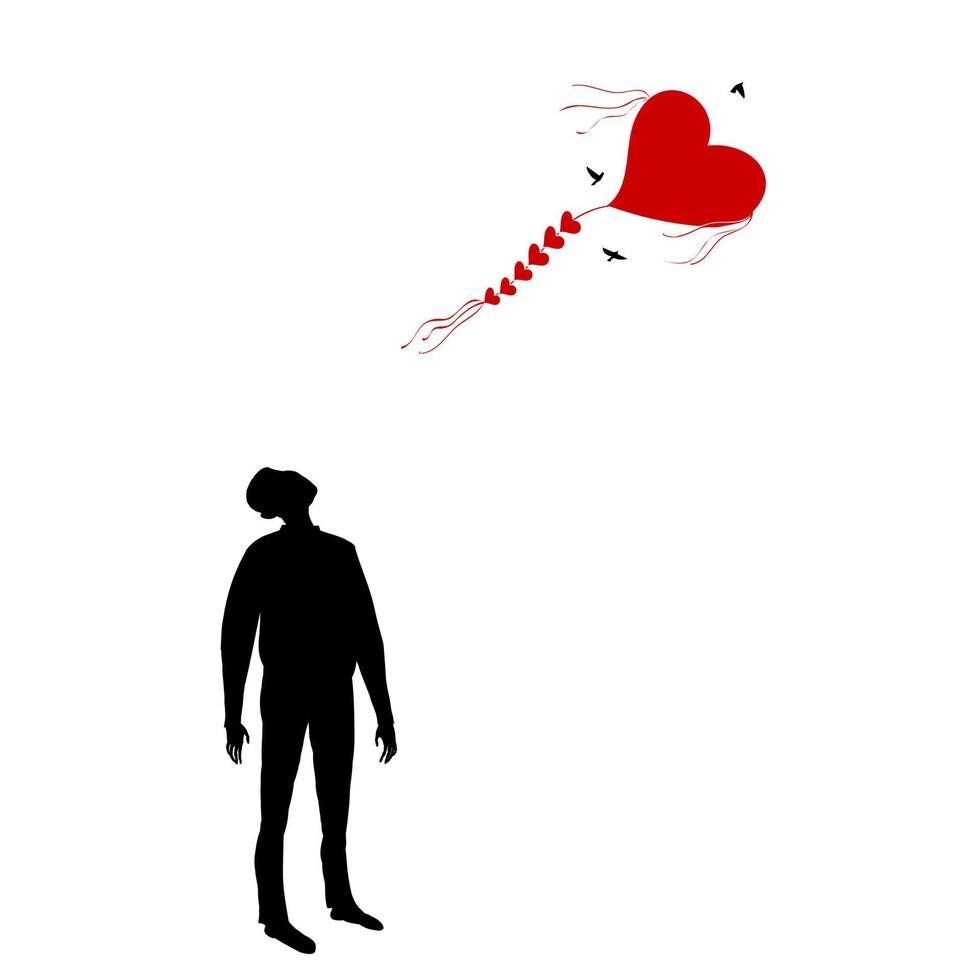 cometa con forma de corazón. hombre mirando una cometa voladora. vector