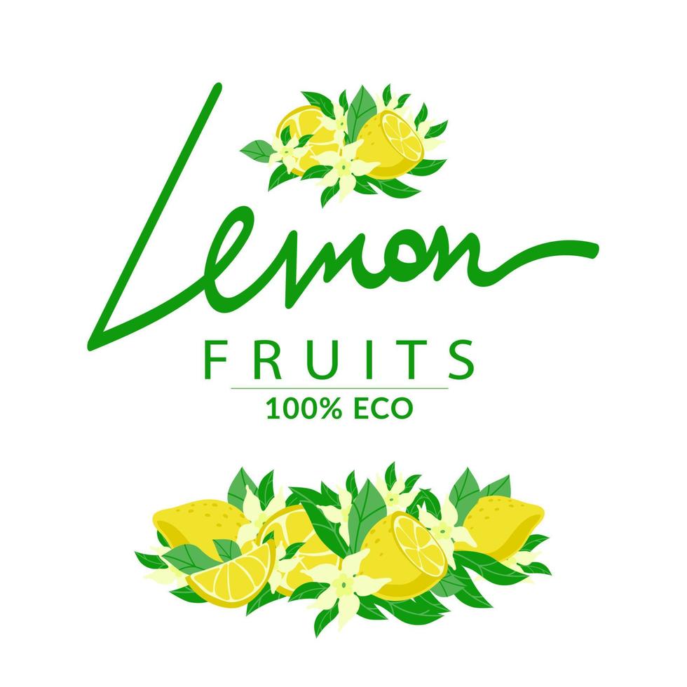 Festive wreath decorated with ripe yellow lemons, cartoon-style painted elements. Handwritten inscription. Isolated on white background. Sample poster, party invitation, holiday banner, postcard vector