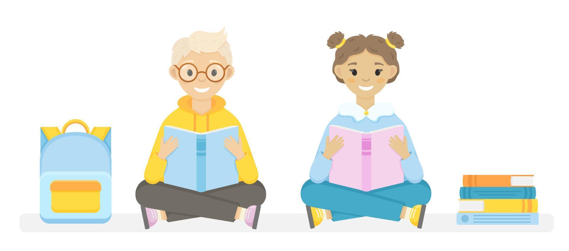 Happy smiling kids reading books. Cute boy and a girl siting and hold open books in their hands. Isolated on white background. vector