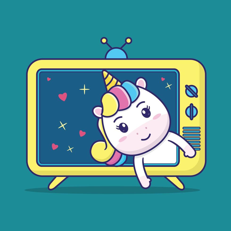 cute unicorn appears from inside the television, suitable for children's books, birthday cards, valentine's day, stickers, book covers, greeting cards, printing. vector