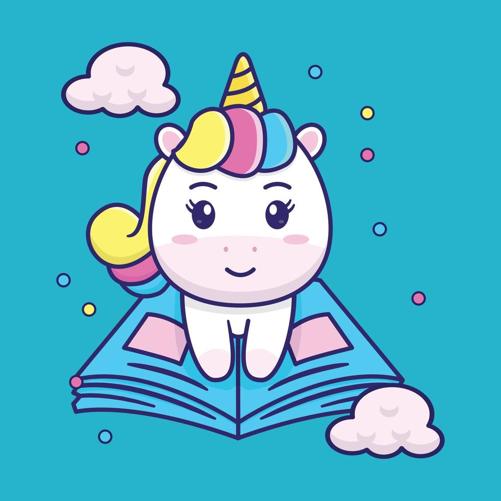 cute unicorn sitting on a book, suitable for children's books, birthday cards, valentine's day, stickers, book covers, greeting cards, printing. vector