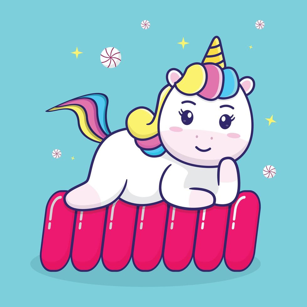 cute unicorn sleeping on red candy, suitable for children's books, birthday cards, valentine's day, stickers, book covers, greeting cards, printing. vector
