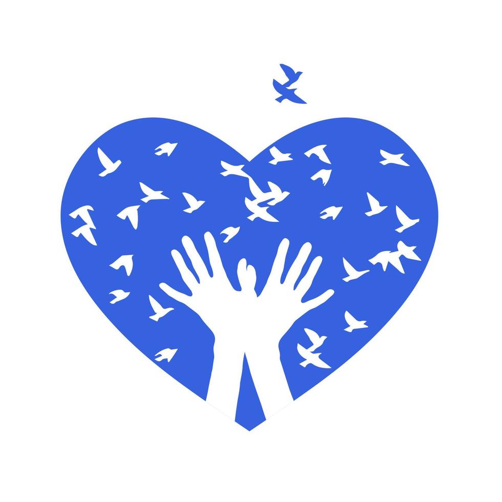 The heart of the birds. Two hands release birds on the background of a heart vector