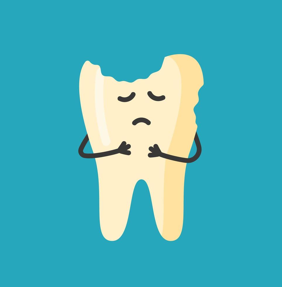 Vector illustration of tooth caries character. Broken tooth isolated on blue background.