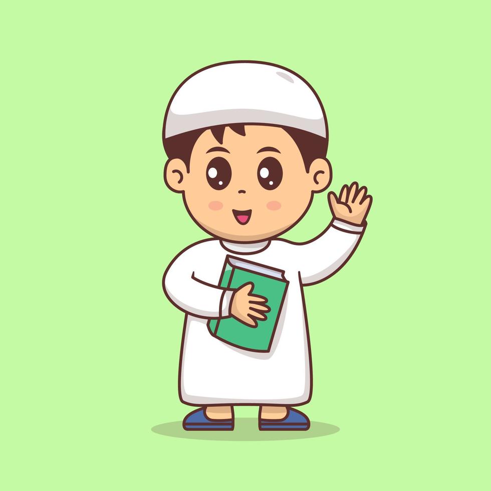 lindo niño musulmán sosteniendo la ilustración del vector del corán, niña musulmana con el vector premium de dibujos animados hijab