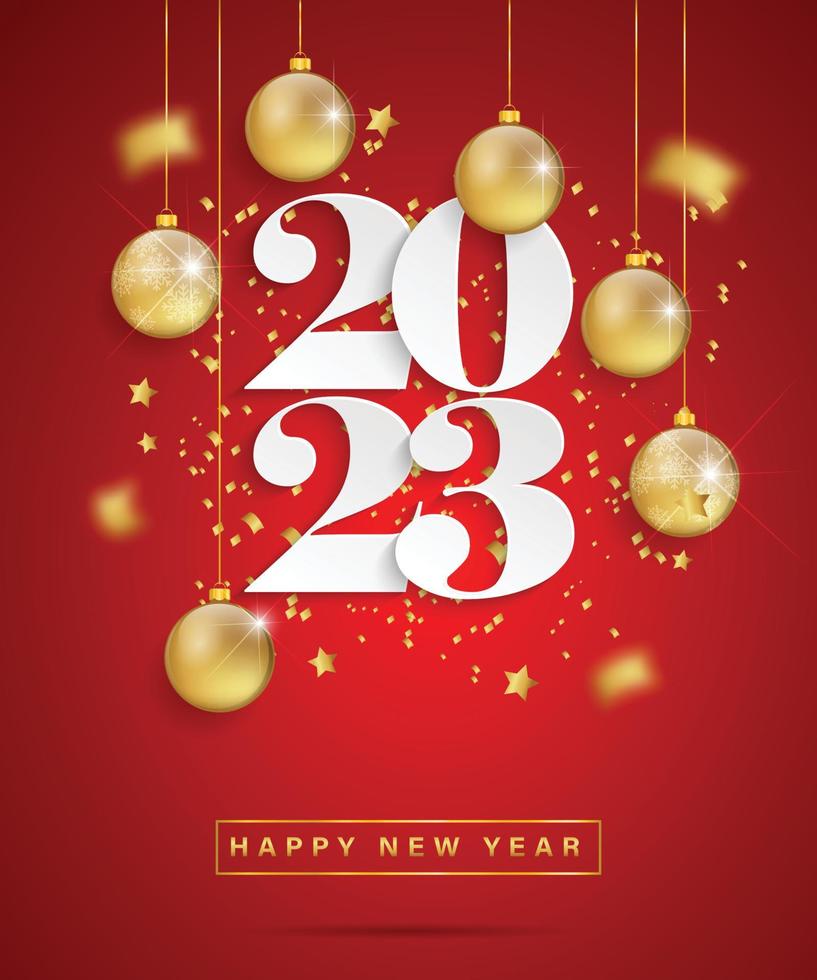 Happy new year 2023. White paper numbers with golden Christmas decoration and confetti on red background. Holiday greeting card design. Illustrator vector