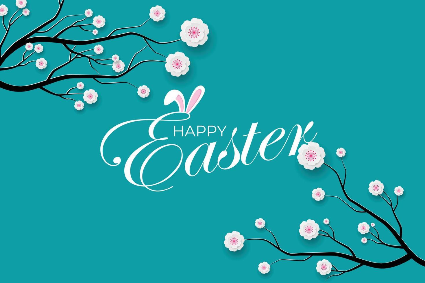 Happy Easter banner. Holiday concept design for greeting card, banner, poster, flyer, web. Happy Easter floral blue background. Paper cut out art style, vector illustration