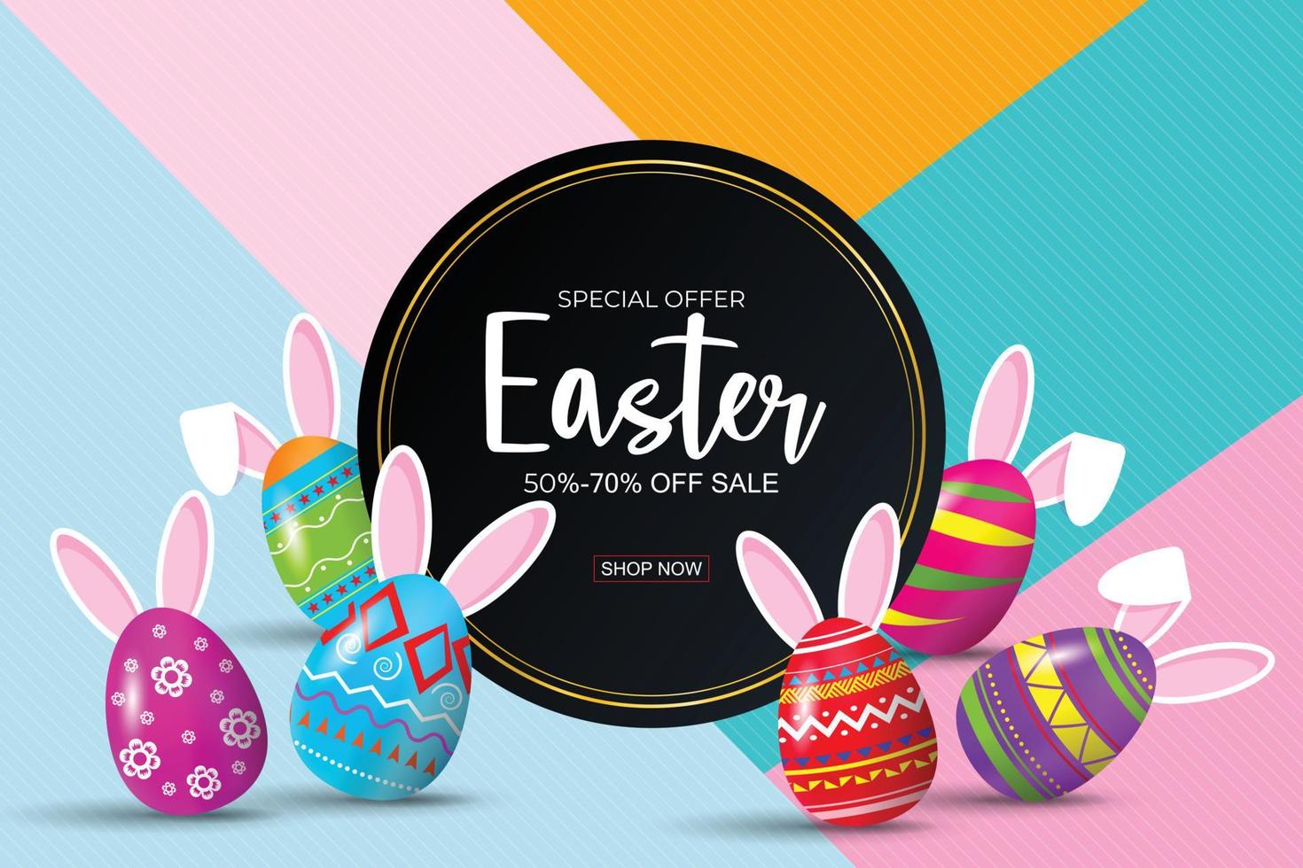 Easter sale banner background template with beautiful colorful spring flowers,eggs and rabbit. Vector illustration.