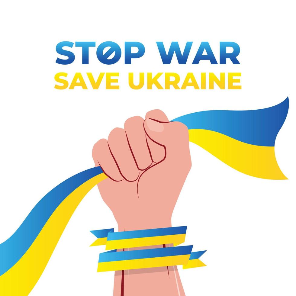 Save Ukraine, Stop War. Background vector illustration of raising hand with Ukraine Flag as demonstration acts for defending ukraine against Russia attacks.Pray for Ukraine, Solidarity with Ukrainians