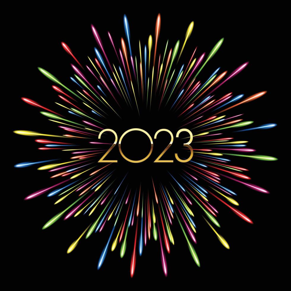 Colorful fireworks 2023 New Year vector illustration, bright on Black background. Illustrator