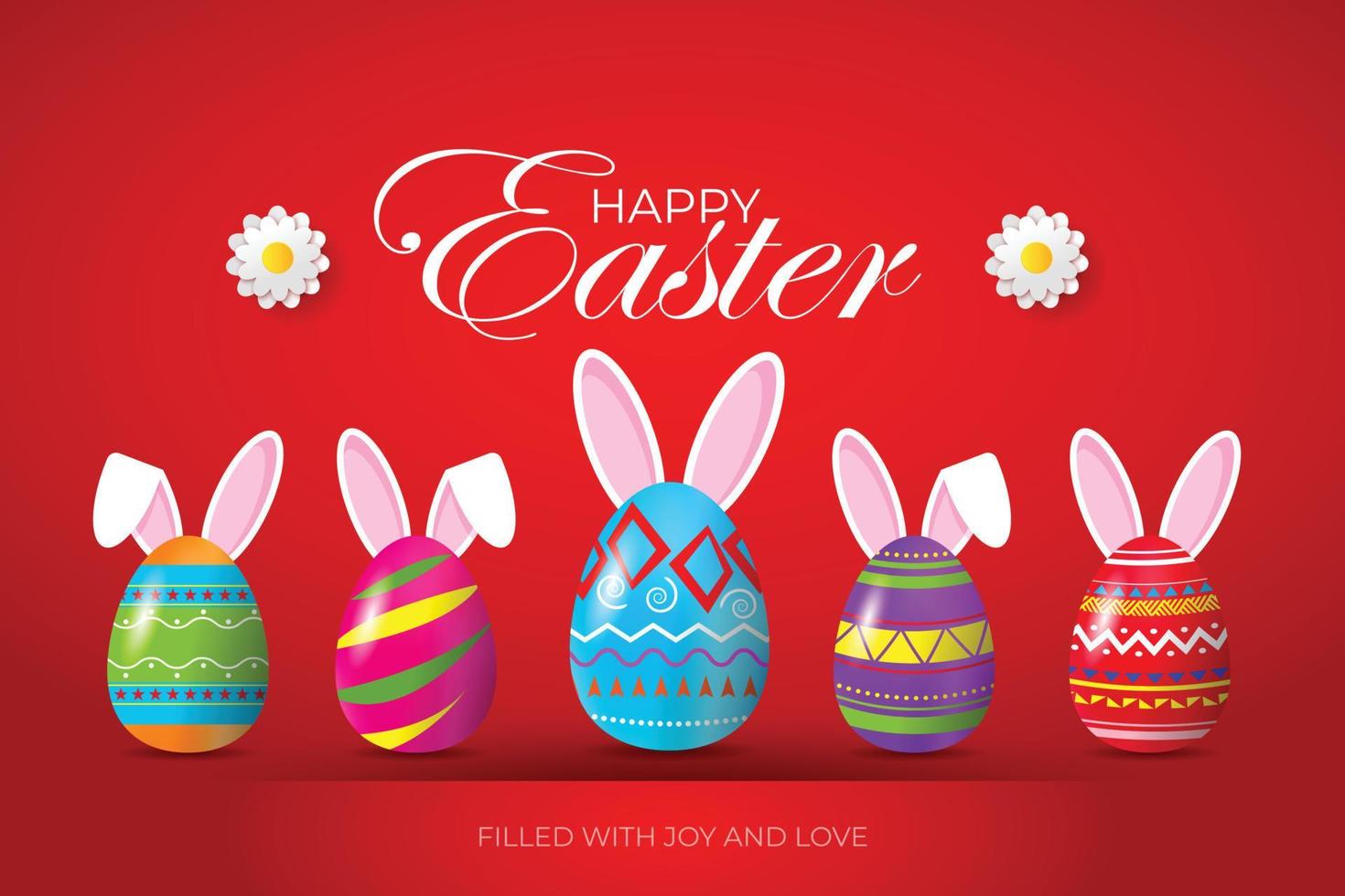 Happy Easter greeting card with colorful easter egg and holiday wishes on red background. Vector illustration.