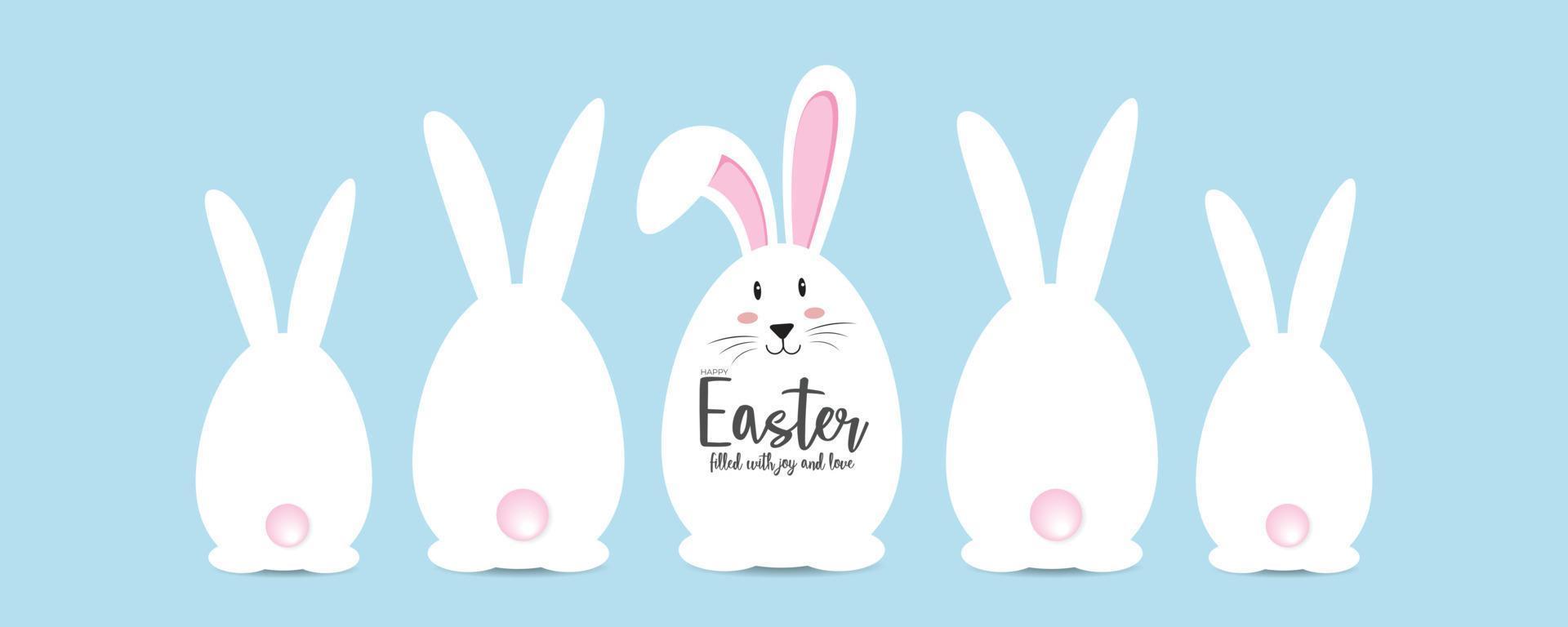 Happy easter banner. easter bunny and egg. Icon vector character, isolated on sky blue color background.