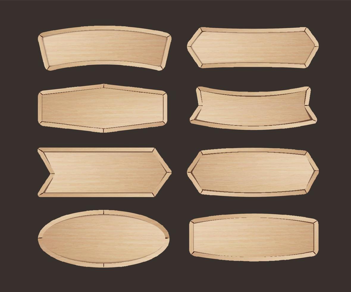 Wooden stickers label collection. Set of various shapes wood sign boards for sale price and discount stickers, banners, badges. Vector illustration