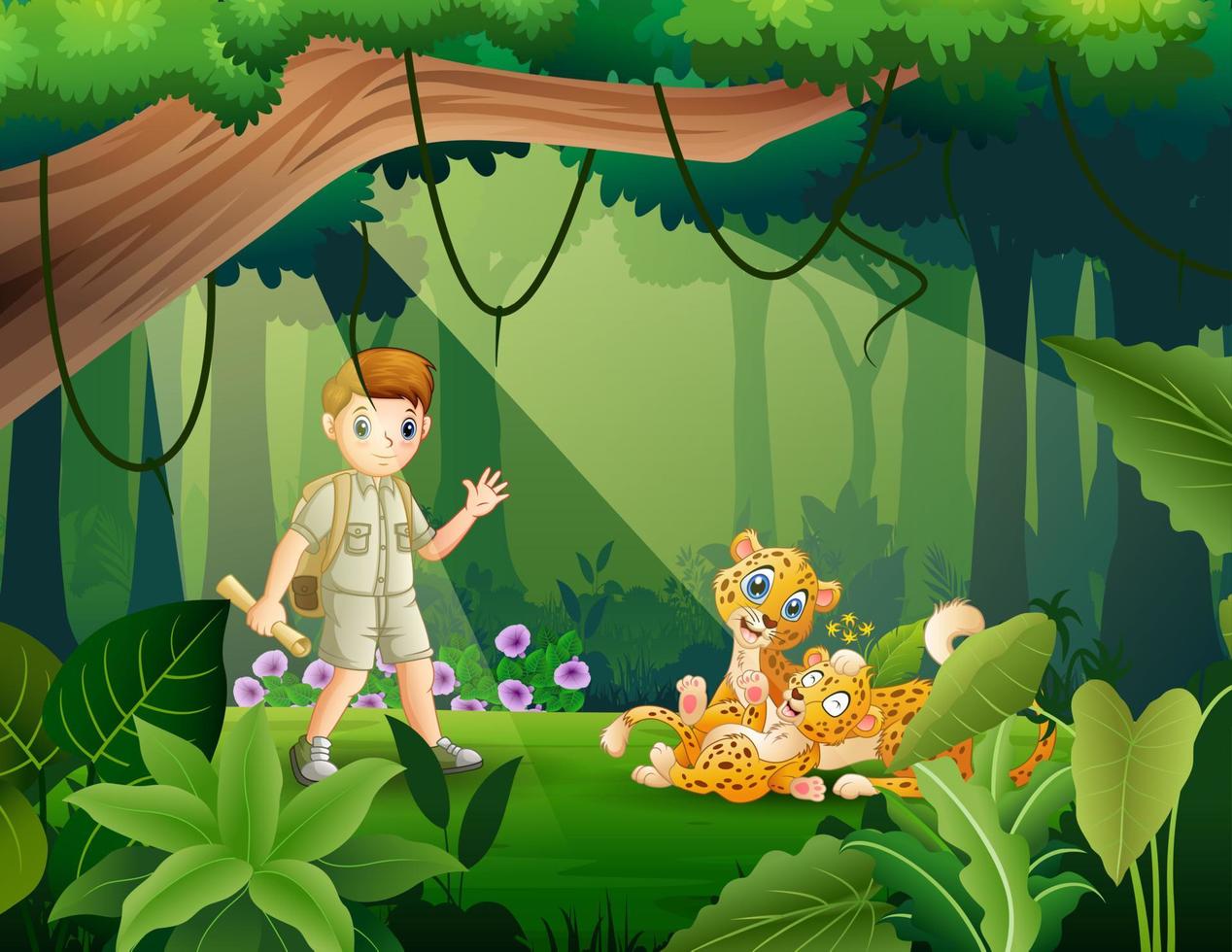 Explorer boy and cheetah in the jungle illustration vector