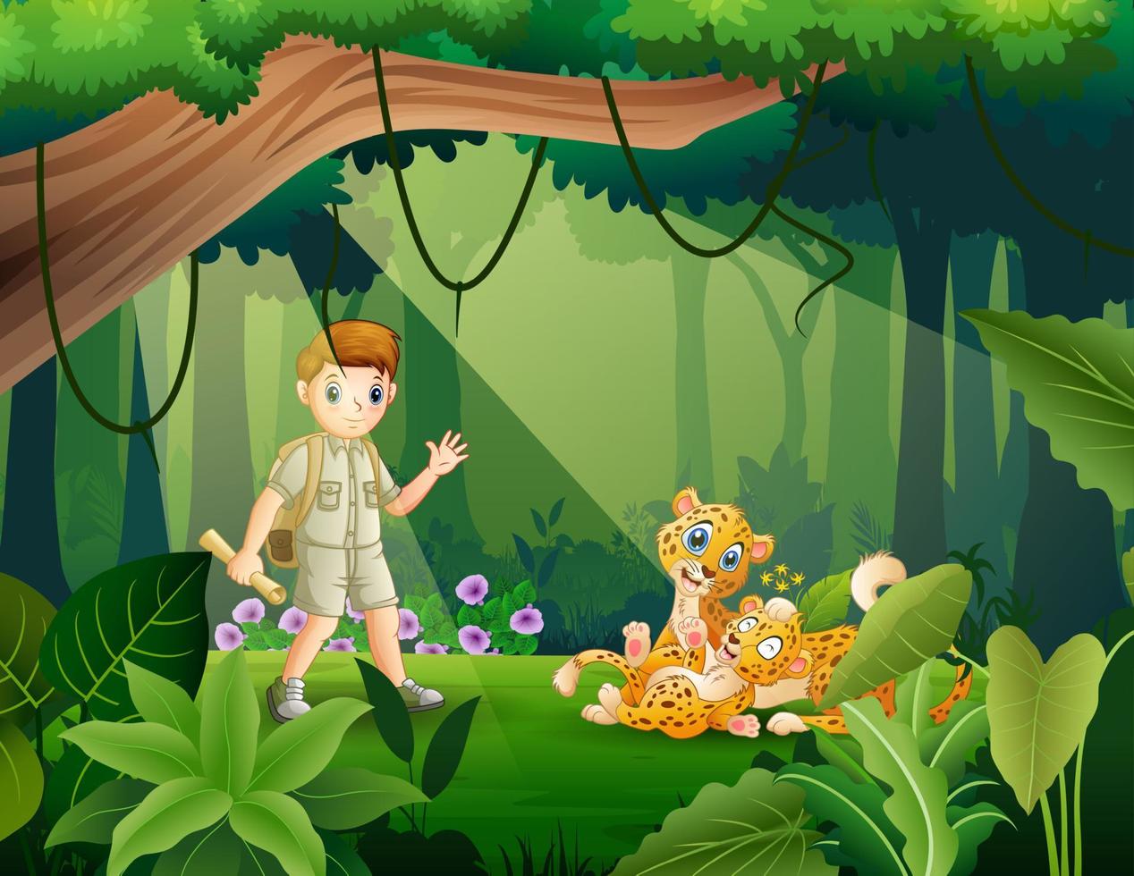 niño explorador y guepardo en la ilustración de la jungla vector