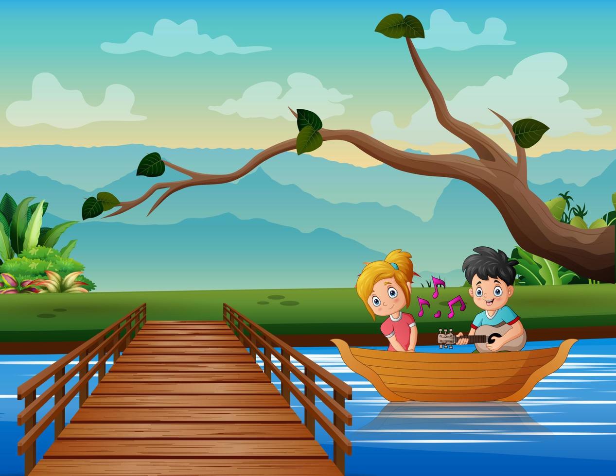 Happy couple singing on a boat on the river vector