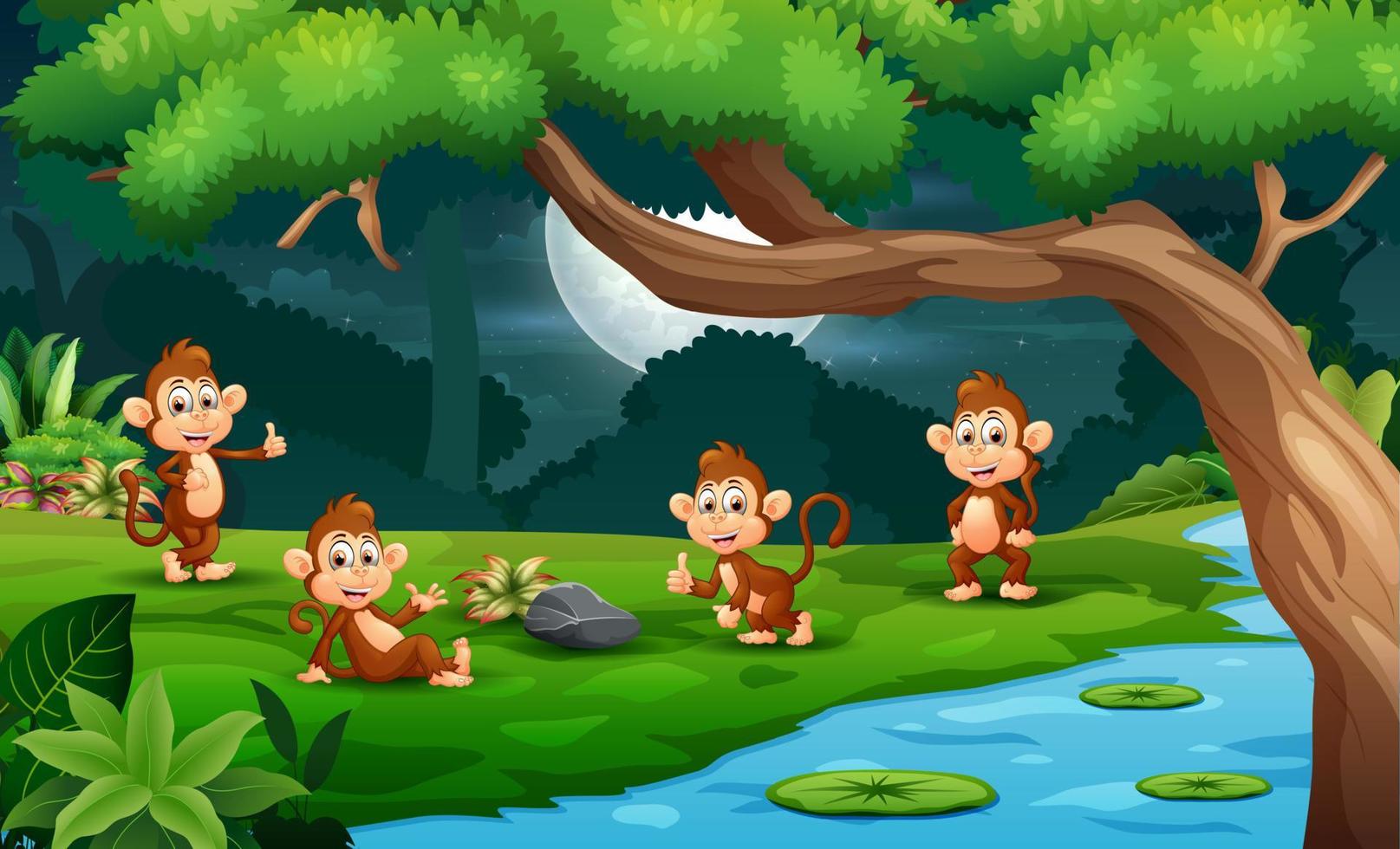 dibujos animados cuatro lindos monos disfrutando de la naturaleza por la noche vector