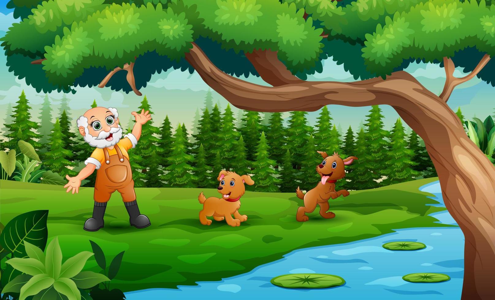 Cartoon old farmer with his two dogs by the river vector