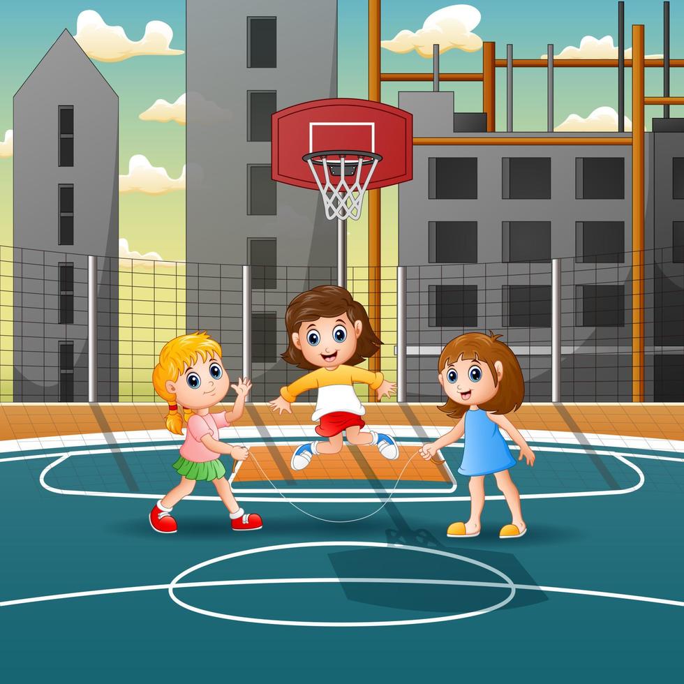 Three girls playing jump rope in the field vector