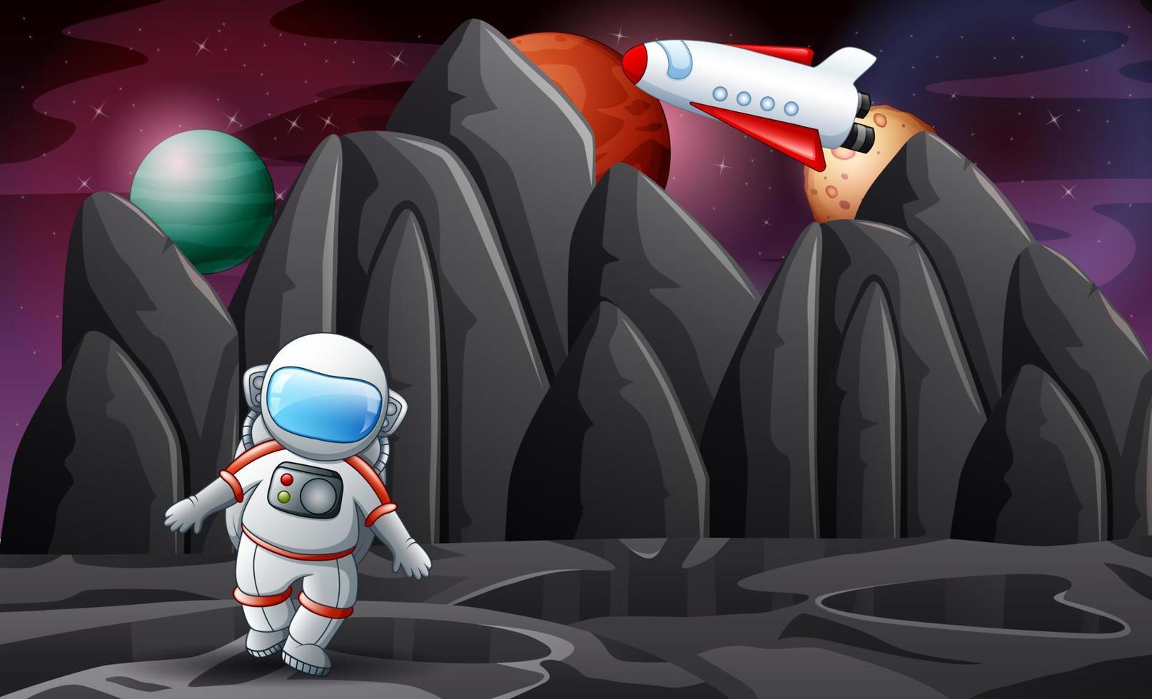 ilustración de dibujos animados de astronauta de pie en la luna vector
