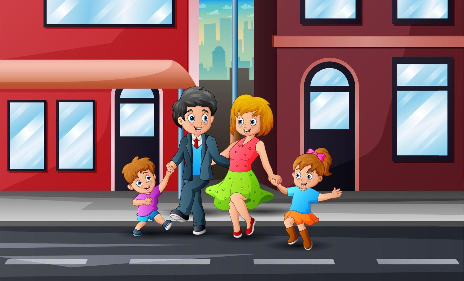 familia feliz de dibujos animados caminando por la calle vector