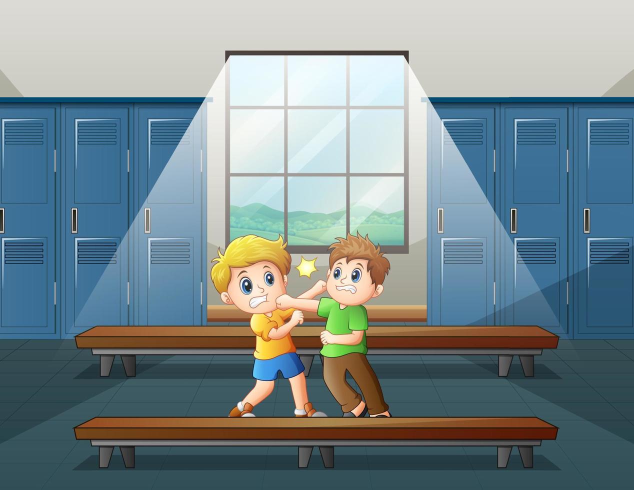 Cartoon the children fighting in the locker room vector