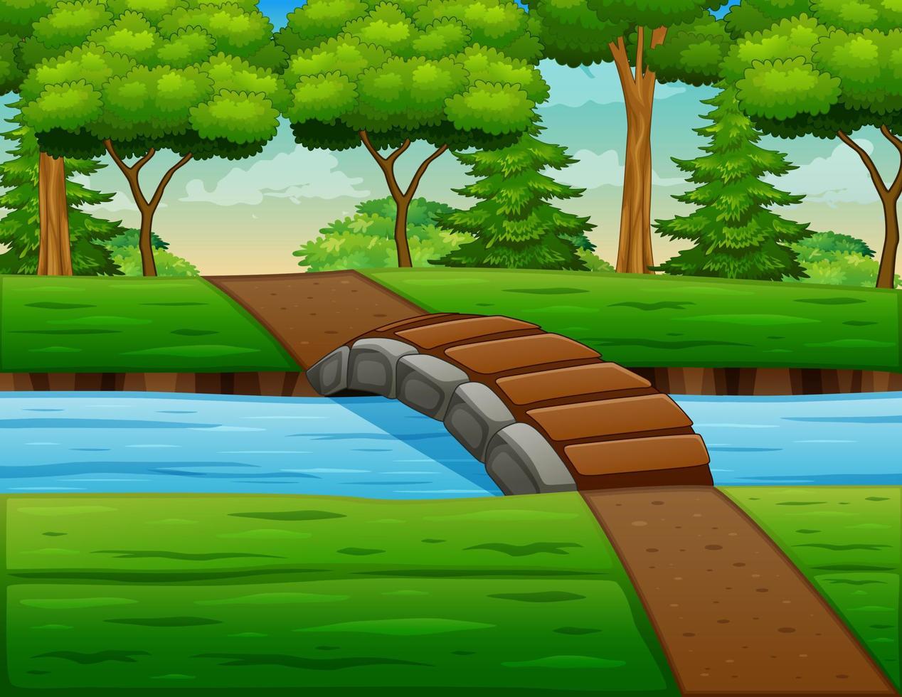 escena de fondo con el puente del río y la ilustración de los árboles vector