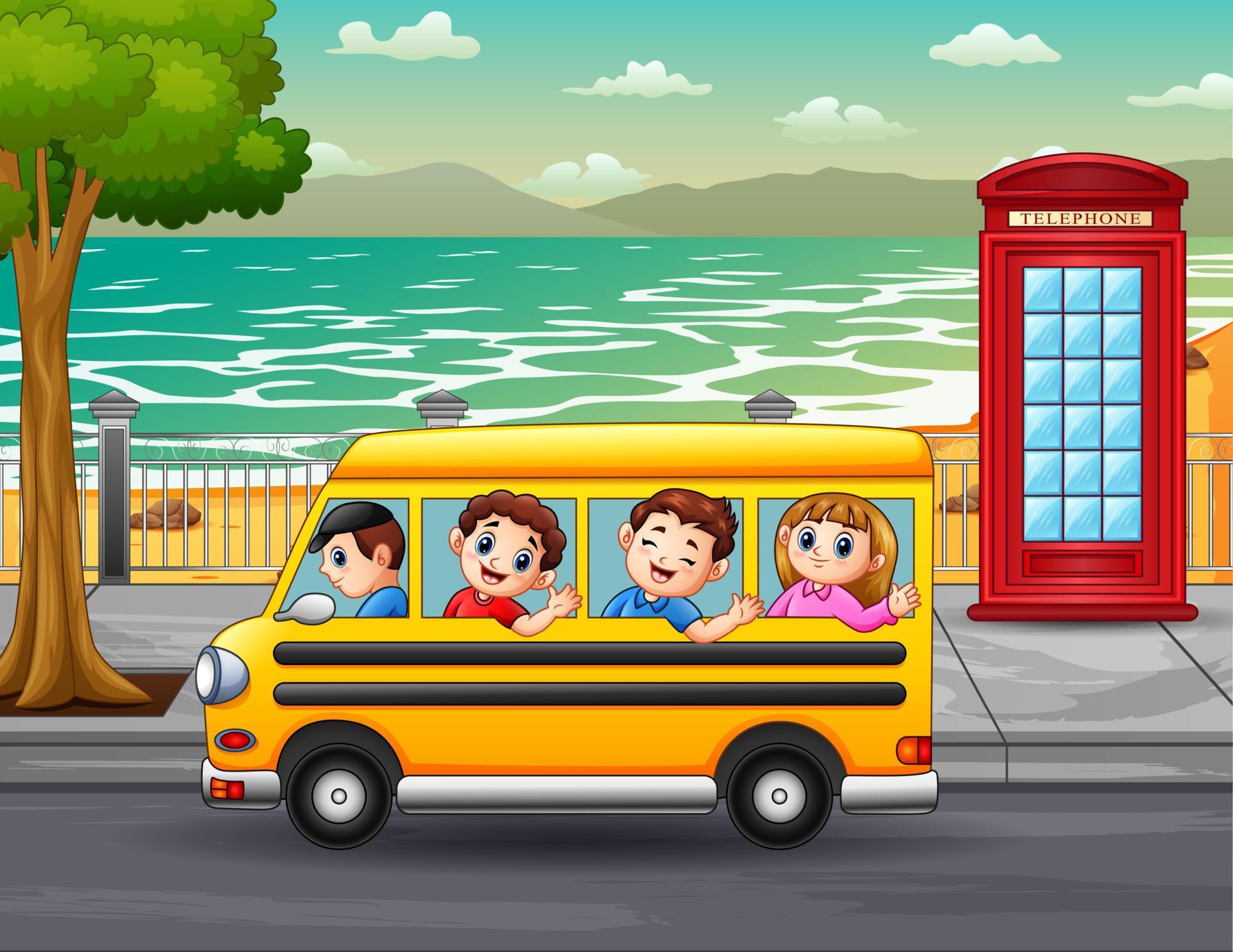 Children ride the bus through the city streets 6951079 Vector Art at