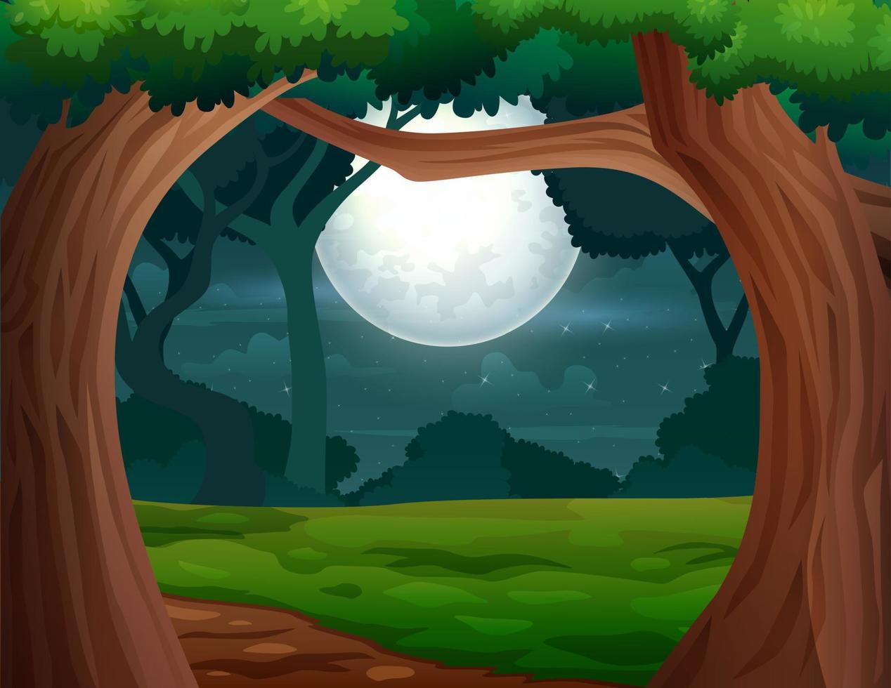 naturaleza bosque paisaje en escena nocturna con muchos árboles ilustración vector