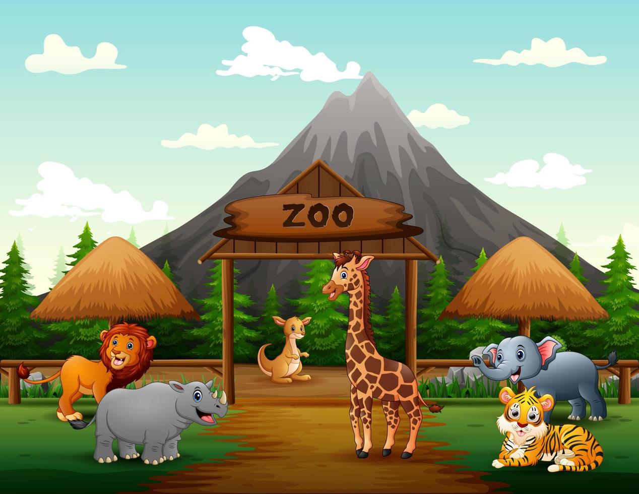 Zoo entrance gates cartoon with safari animals illustration vector