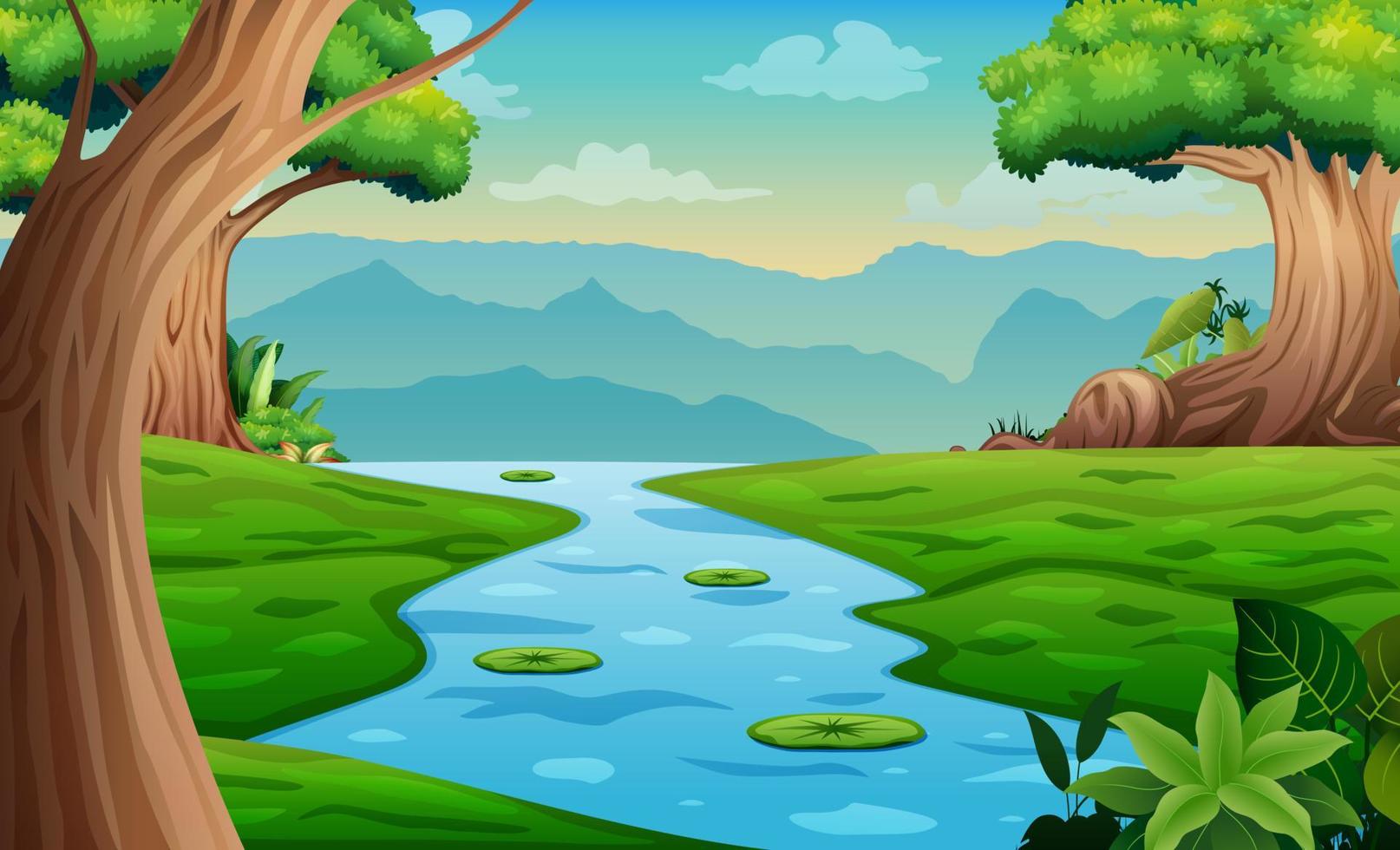 paisaje de bosque natural con río que fluye a través de la ilustración del prado vector