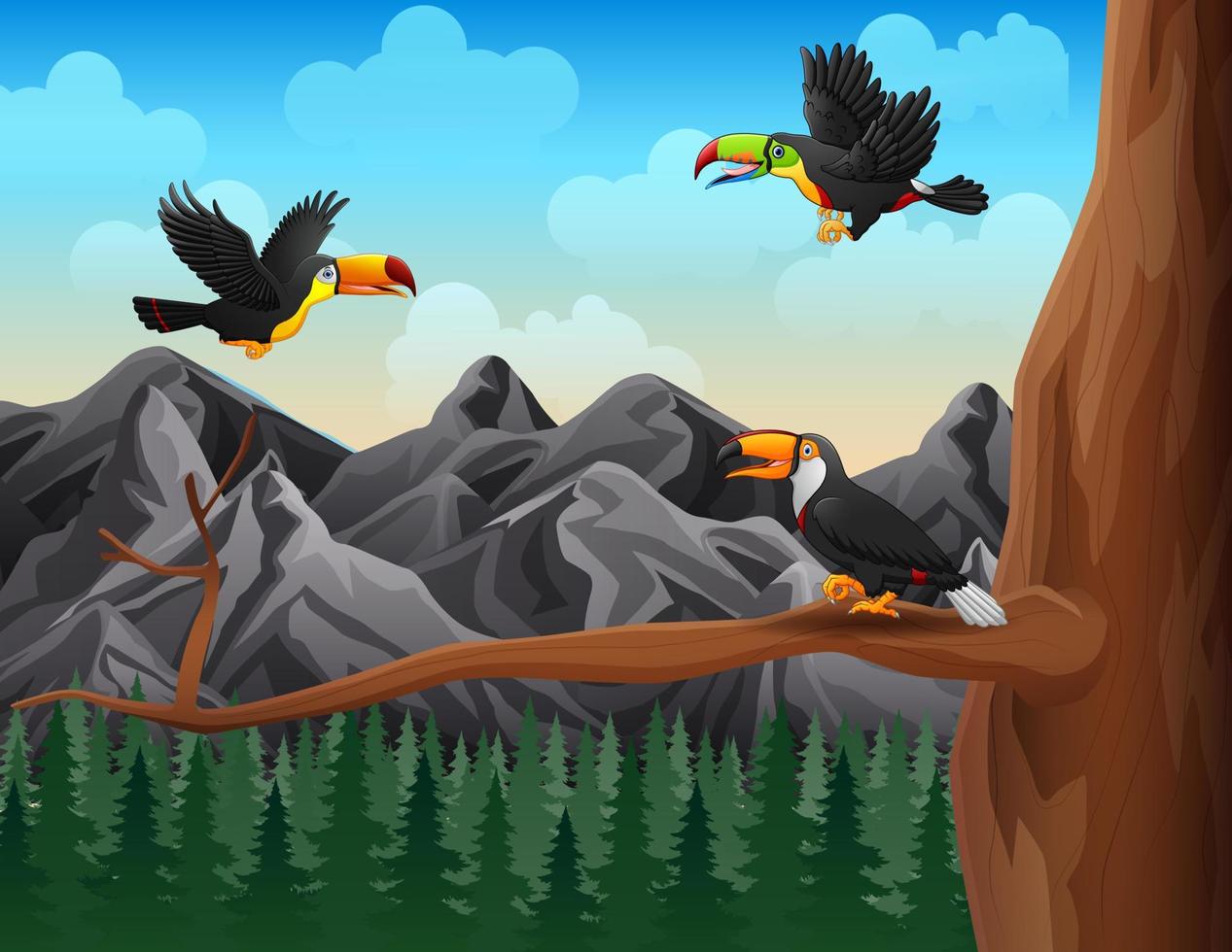 Illustration of toucan birds fly over the tree vector